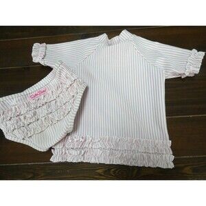 Ruffle Butts Girls 3T Swim Suit Set Pink White Striped Long Sleeve Top & Bottom